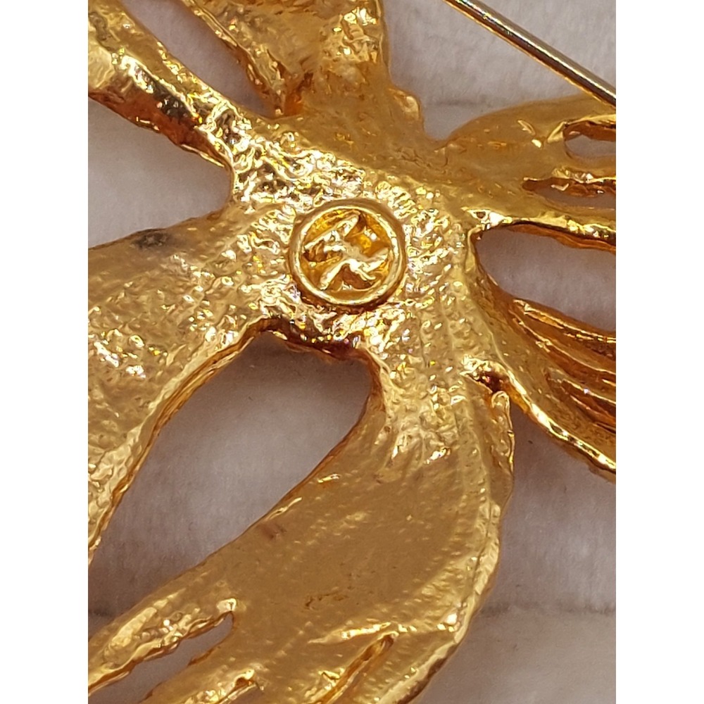 Vintage Brooch Signed Angel Gold Textured Ribbon Bow Pin Coquette Romantic 1980s - Picture 6 of 11